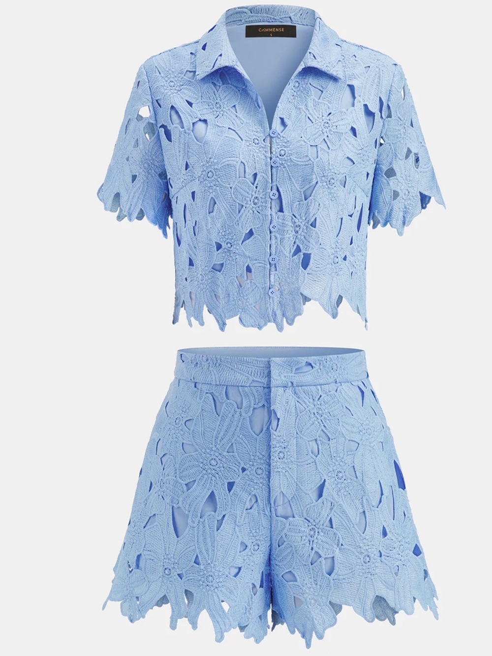 Commense Floral Lace Cropped Shirt & Shorts Set - Large - Blue - Picture 3 of 9